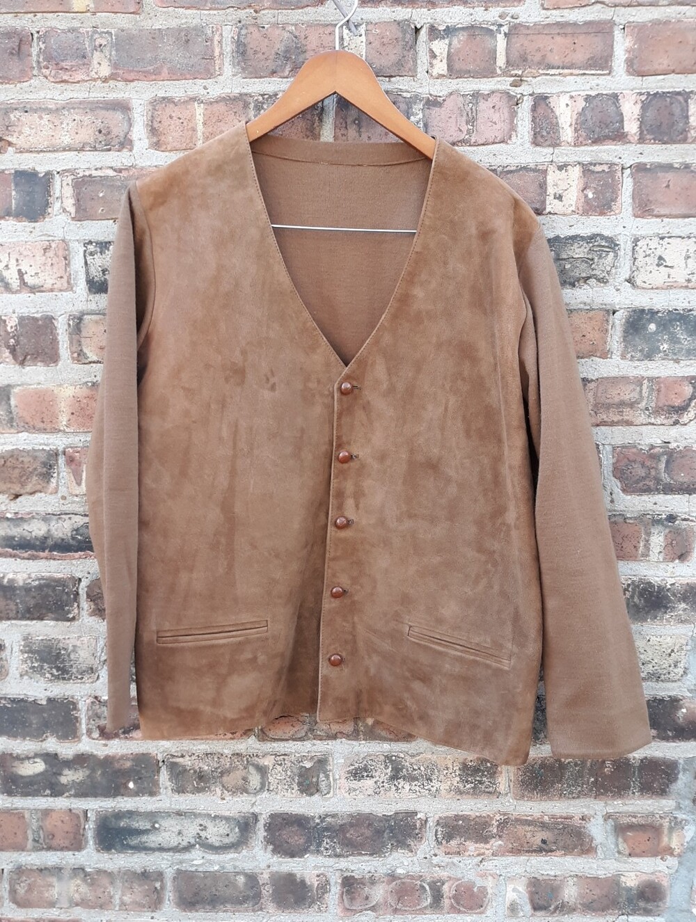 Vintage Genuine Suede Leather Wool Jacket Brown Cardigan Sweater Coat Men Size L